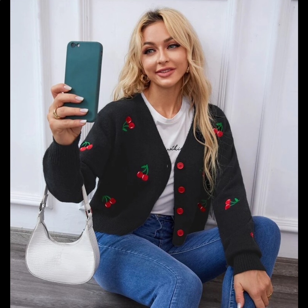 Cherry Embroidered Drop Shoulder Cardigan